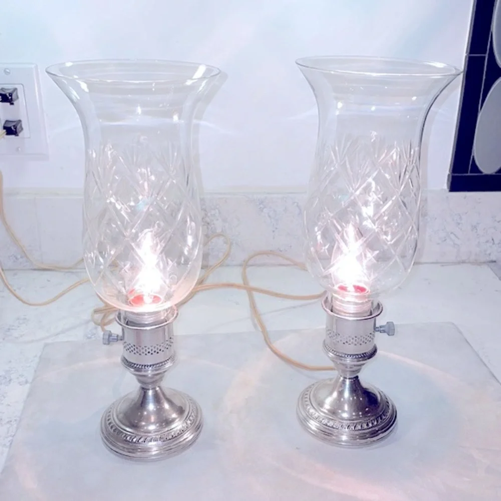 Sterling Silver Etched Electric Hurricane Lamps Candlesticks Matching Pair of 2